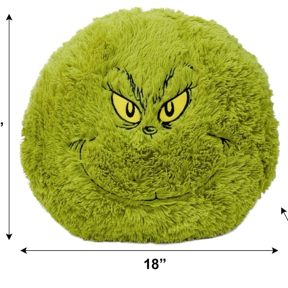 Grinch 16 Inch Furry Round Pillow with Embroidered Face - Picture 3 of 4